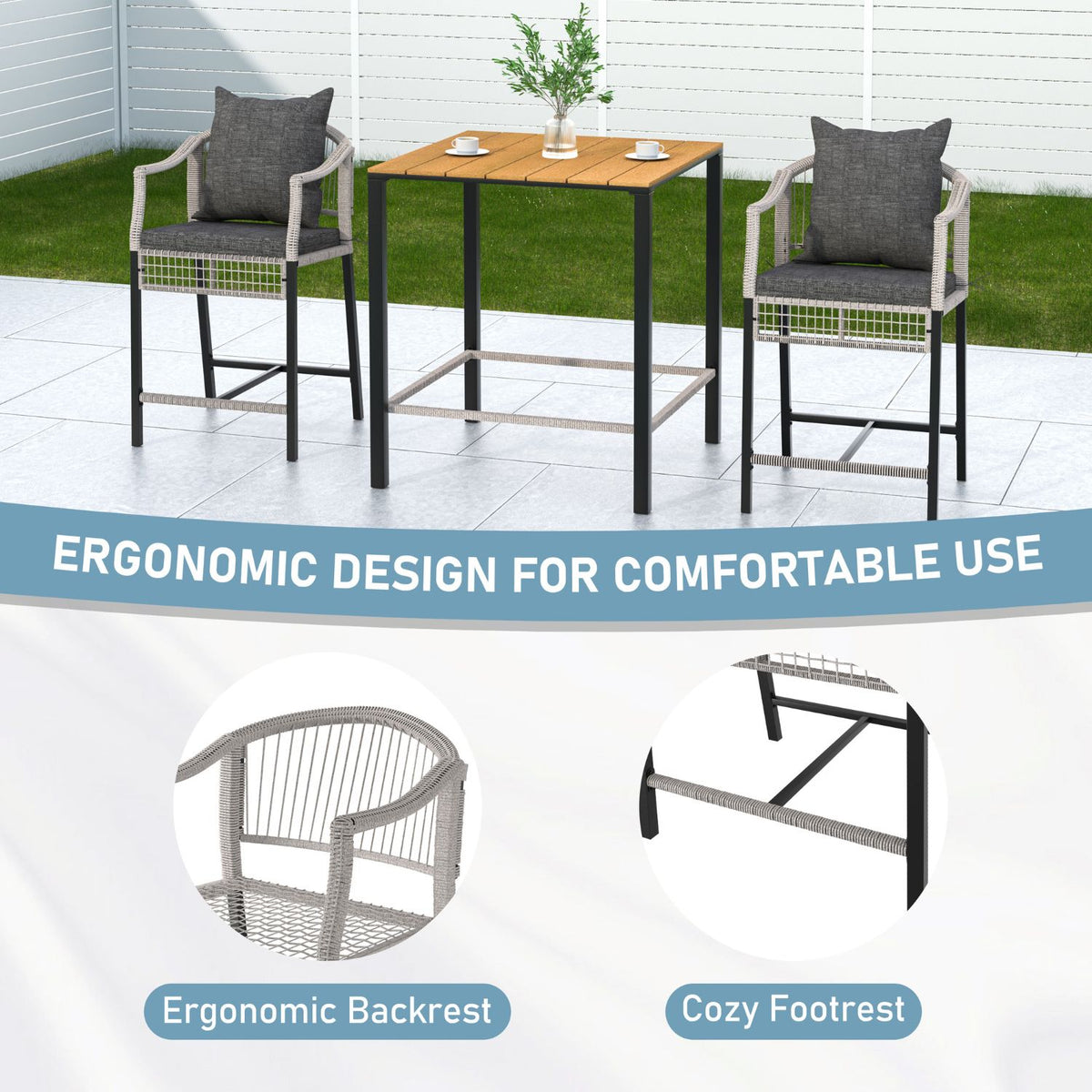 Ergonomic PE Wicker Bistro Set with Pillows