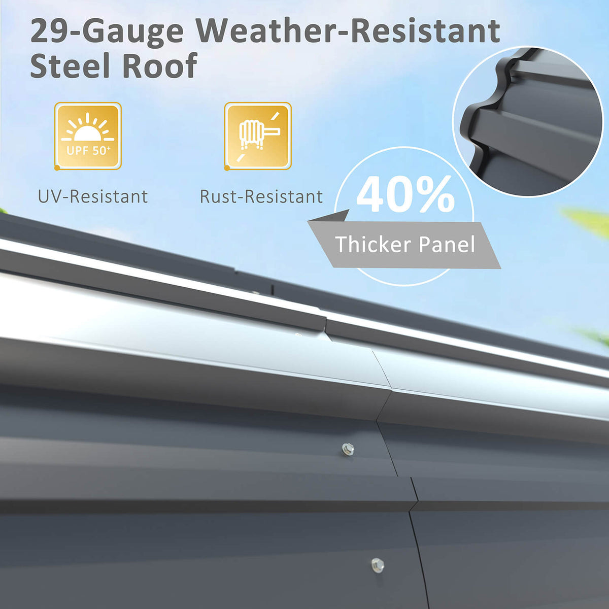 Outdoor carport with 29 gauge steel roof