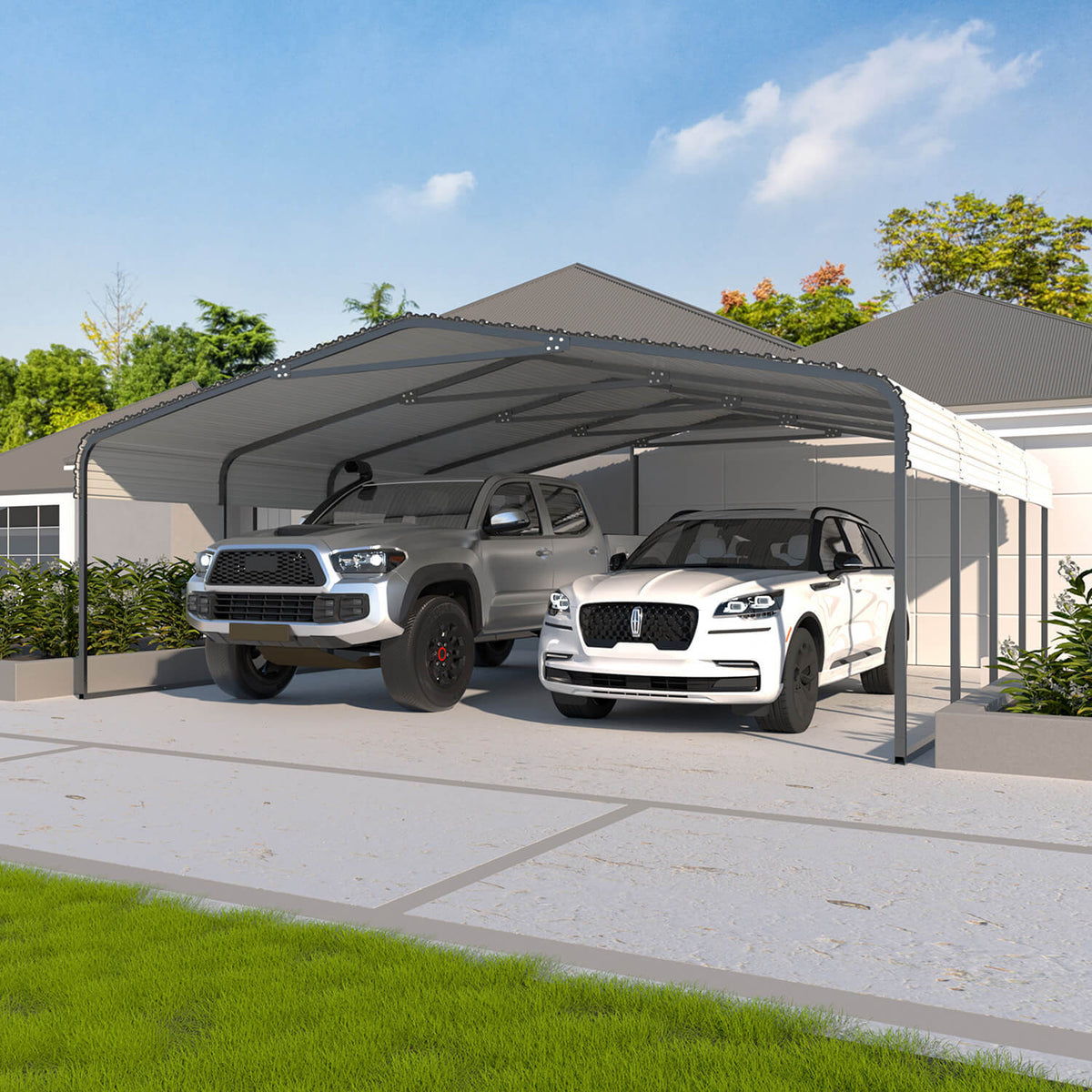 VEIKOUS Steel Carport, Heavy Duty Carport with Galvanized Steel Roof for Car, Boat and Truck, Eggshell