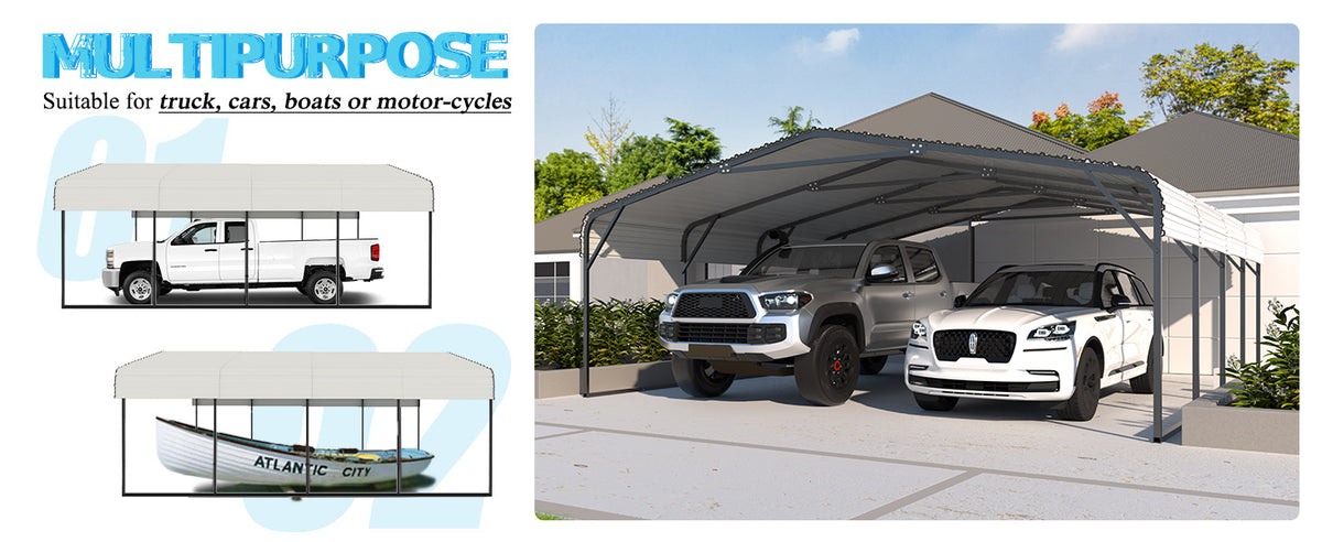 VEIKOUS Steel Carport, Heavy Duty Carport with Galvanized Steel Roof for Car, Boat and Truck, Eggshell