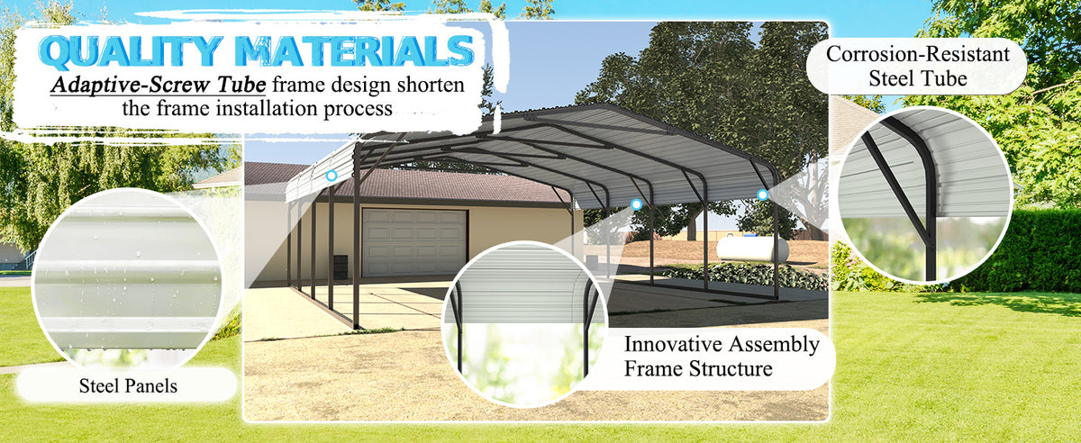 VEIKOUS Steel Carport, Heavy Duty Carport with Galvanized Steel Roof for Car, Boat and Truck, Eggshell