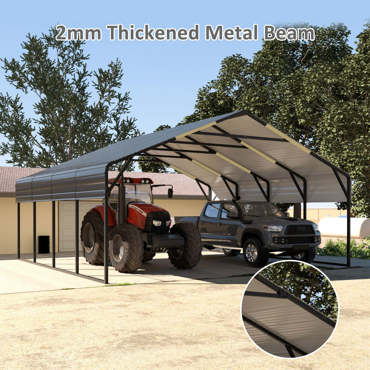garage car shelter with metal beams