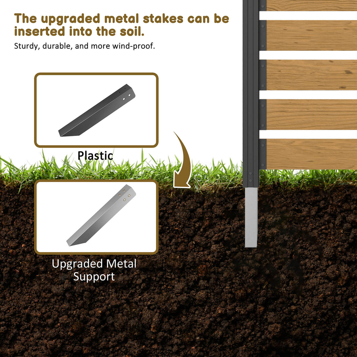 The wood privacy screen can be inserted into the soil