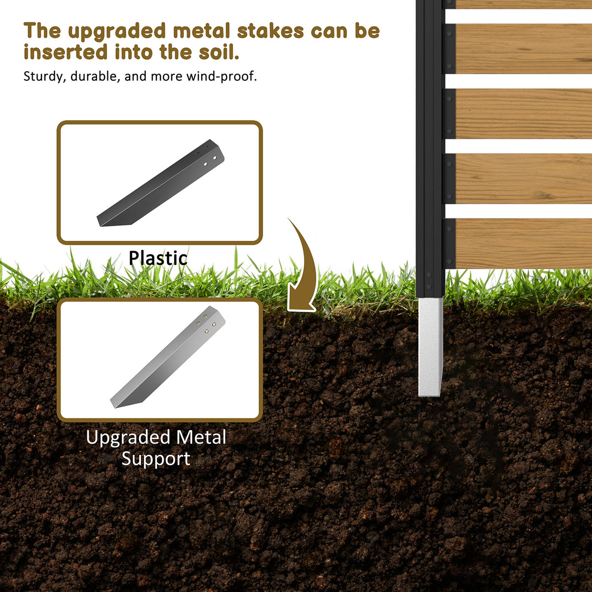 Wood privacy sceen with metal stakes