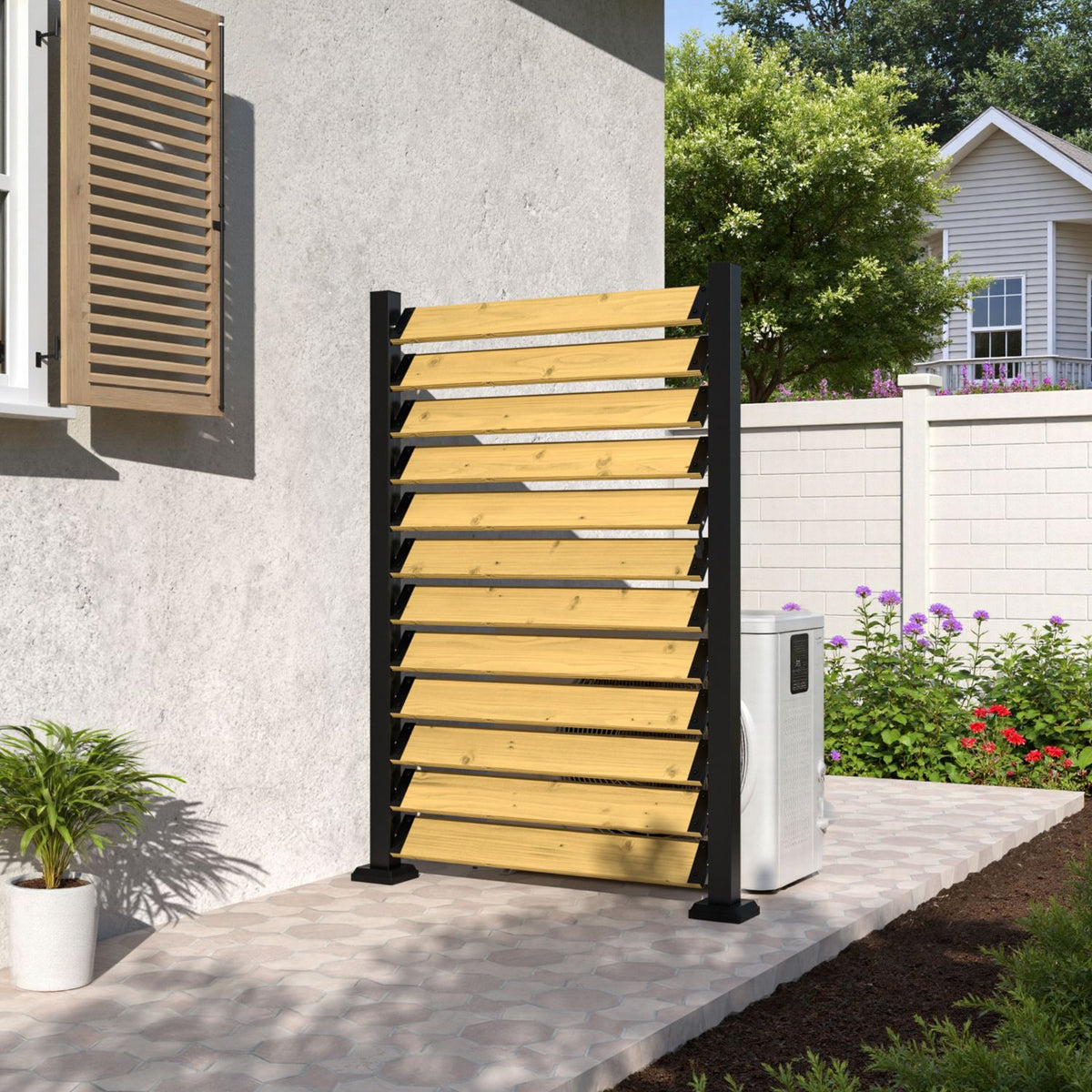 VEIKOUS Louvered Fence Panel Adjustable, 5x3ft Wood Privacy Screen with Louvered Slats