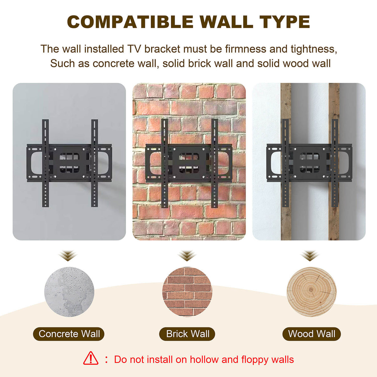 The TV bracket can be installed concrete wall, a solid brick wall, and a solid wood wall