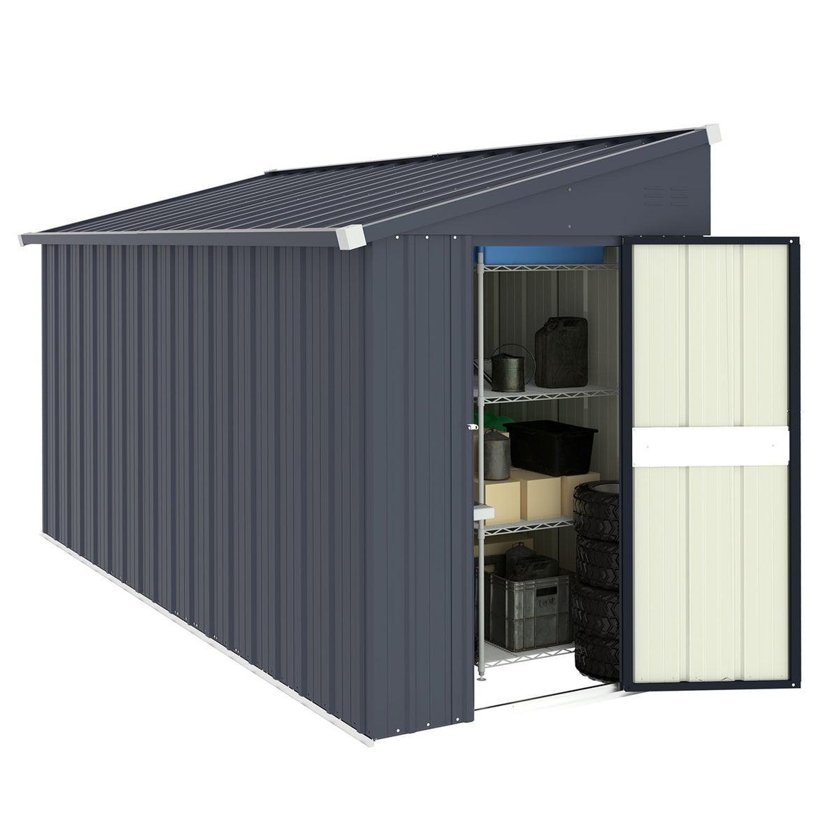 VEIKOUS Lean to Storage Shed, Metal Garden Tool Shed for Backyard Lawn with Lockable Door and Vents, Grey