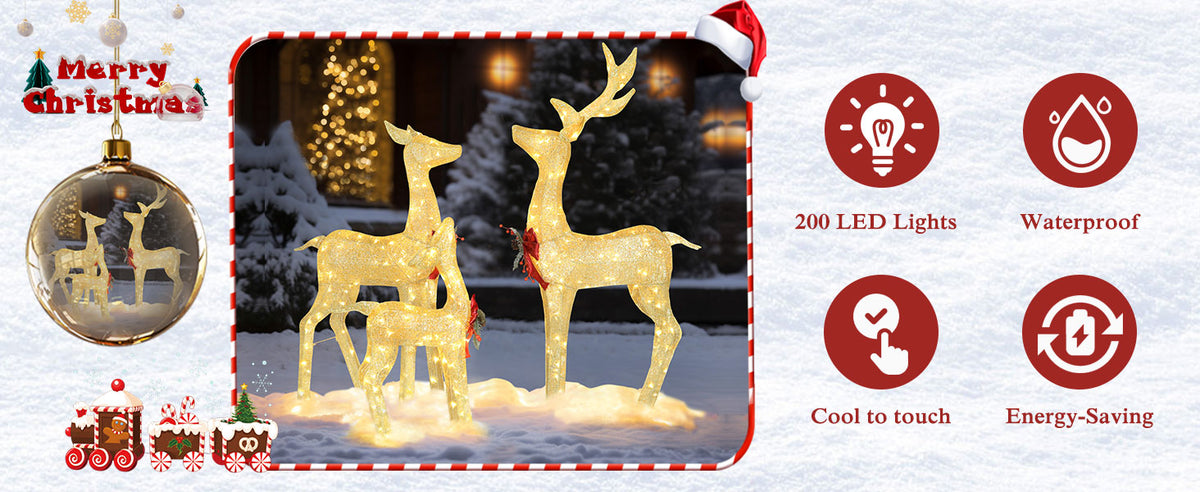 VEIKOUS Lighted Reindeer Family 3-Piece Set, Outdoor Christmas Deer Lights for Yard Decoration