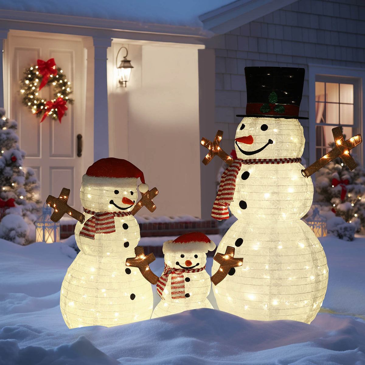 Veikous Outdoor Lighted Snowman, Snowman Family for Yard, 3-Piece Snowman Christmas Decor with LED Lights, Ground Stakes