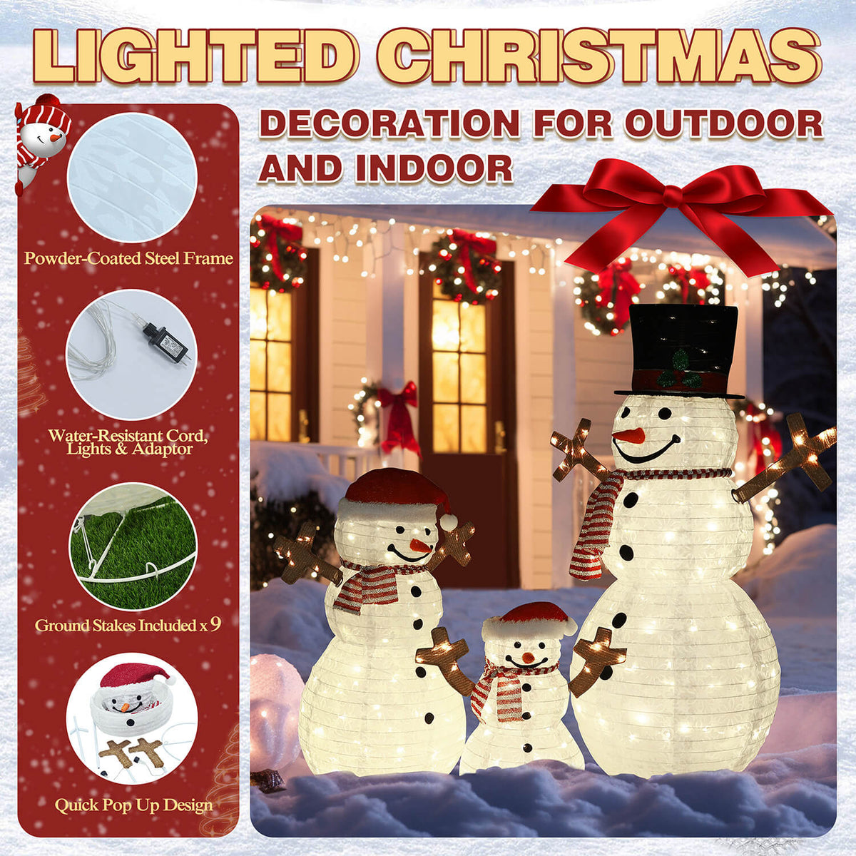 Veikous Outdoor Lighted Snowman, Snowman Family for Yard, 3-Piece Snowman Christmas Decor with LED Lights, Ground Stakes