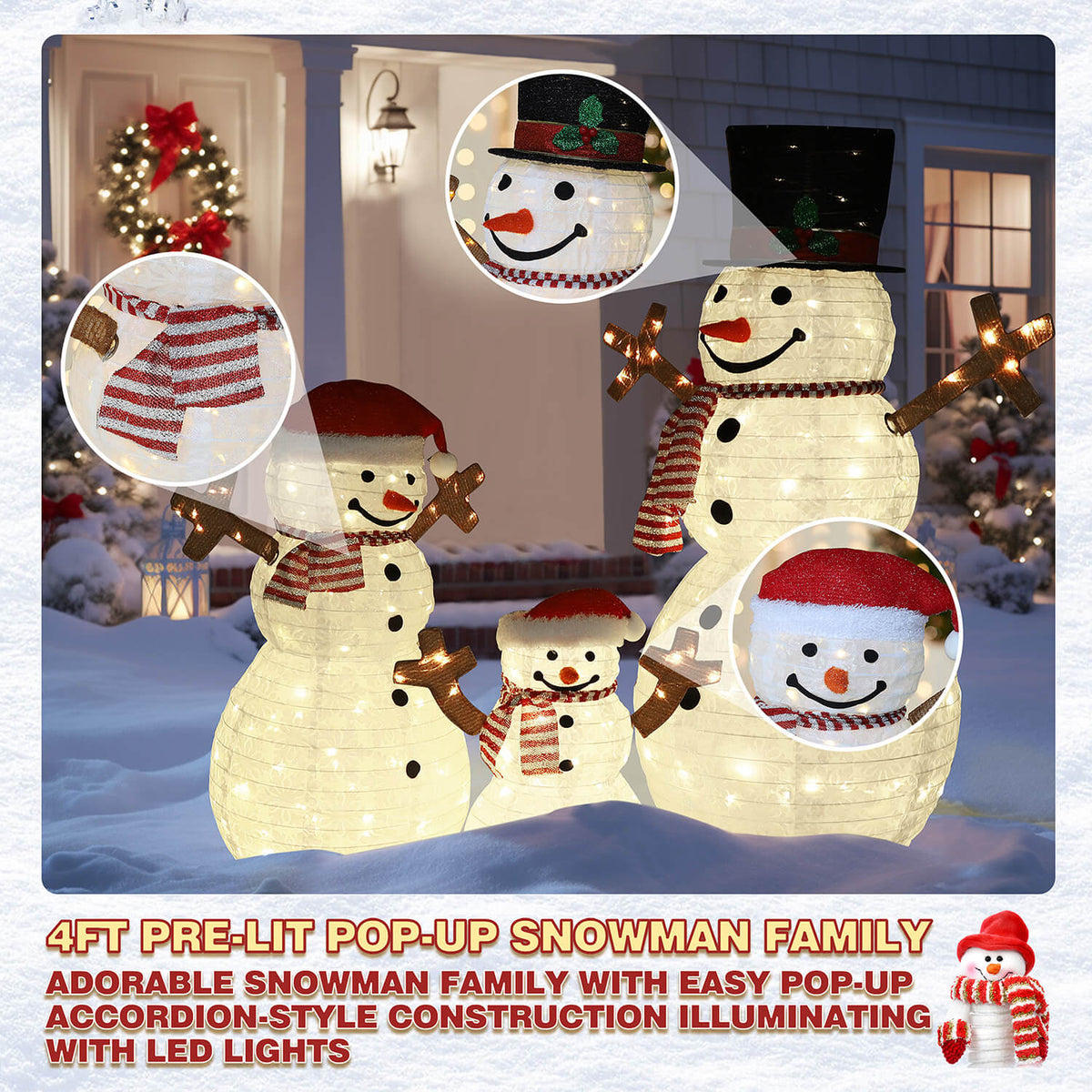 Veikous Outdoor Lighted Snowman, Snowman Family for Yard, 3-Piece Snowman Christmas Decor with LED Lights, Ground Stakes