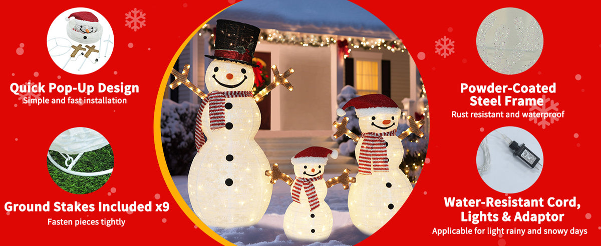 Veikous Outdoor Lighted Snowman Family for Yard, 3-Piece Snowman Set Christmas Decor with LED Lights, Ground Stakes