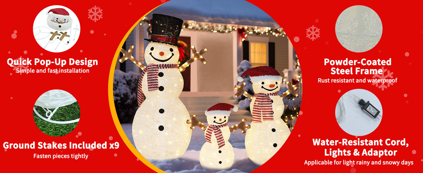 Outdoor lighted snowman with pop-up design