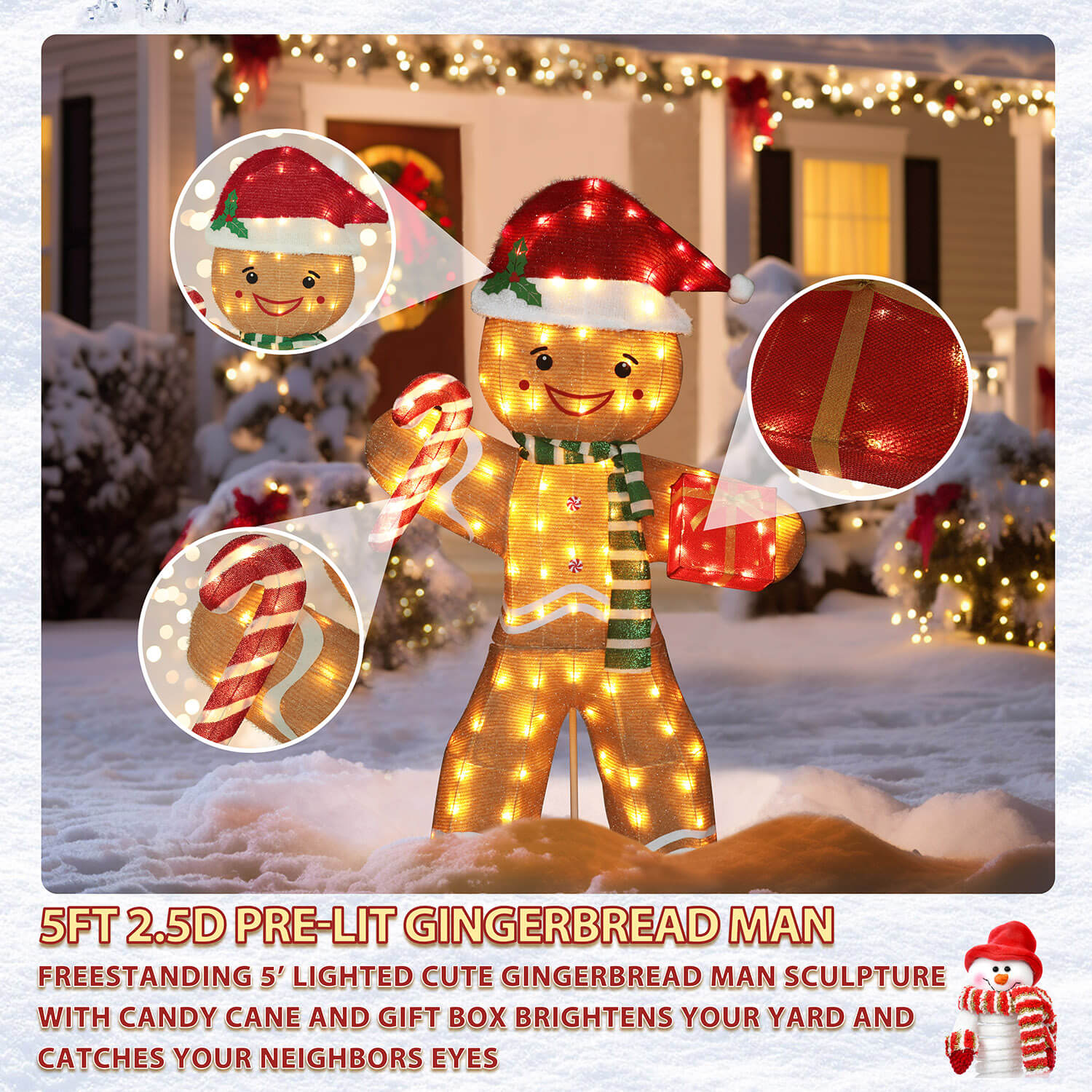 5FT Gingerbread Outdoor Decoration, Light-Up Decor with Stake