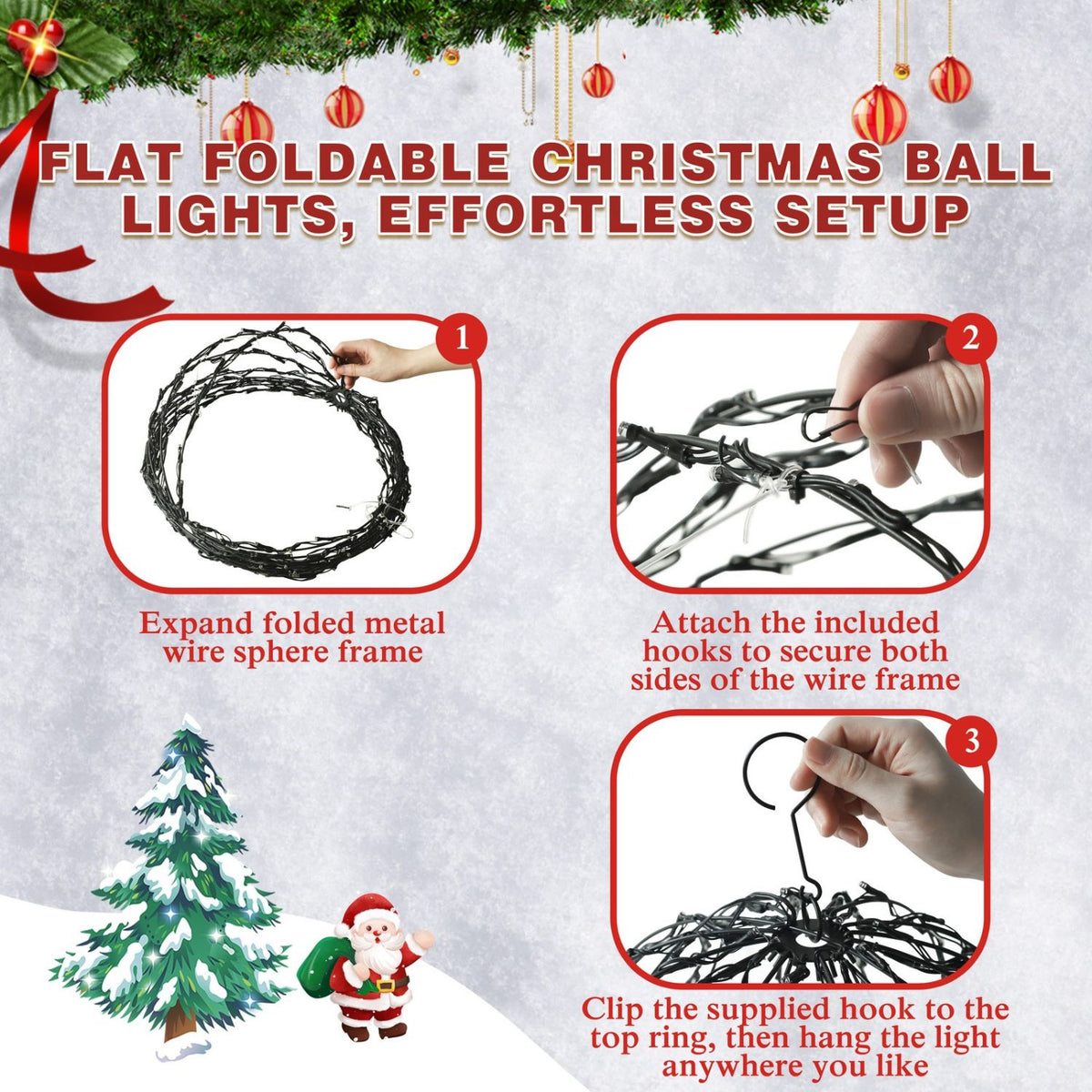 Veikous 3-Piece Hanging Light Balls, Outdoor Christmas Sphere Lights, Foldable