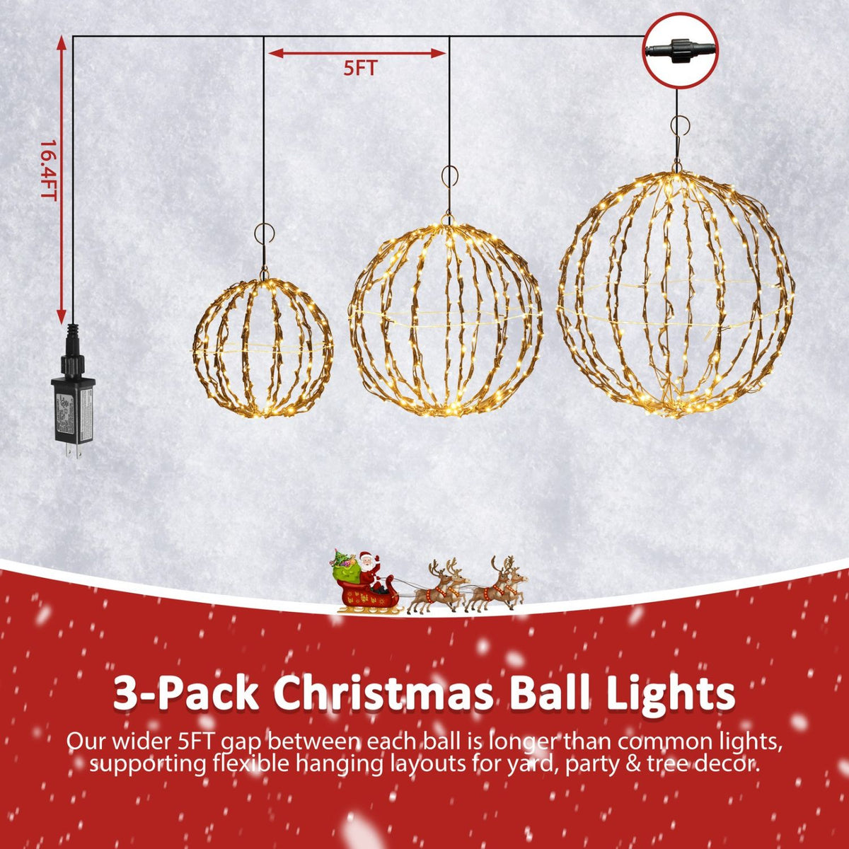 Veikous 3-Piece Hanging Light Balls, Outdoor Christmas Sphere Lights, Foldable