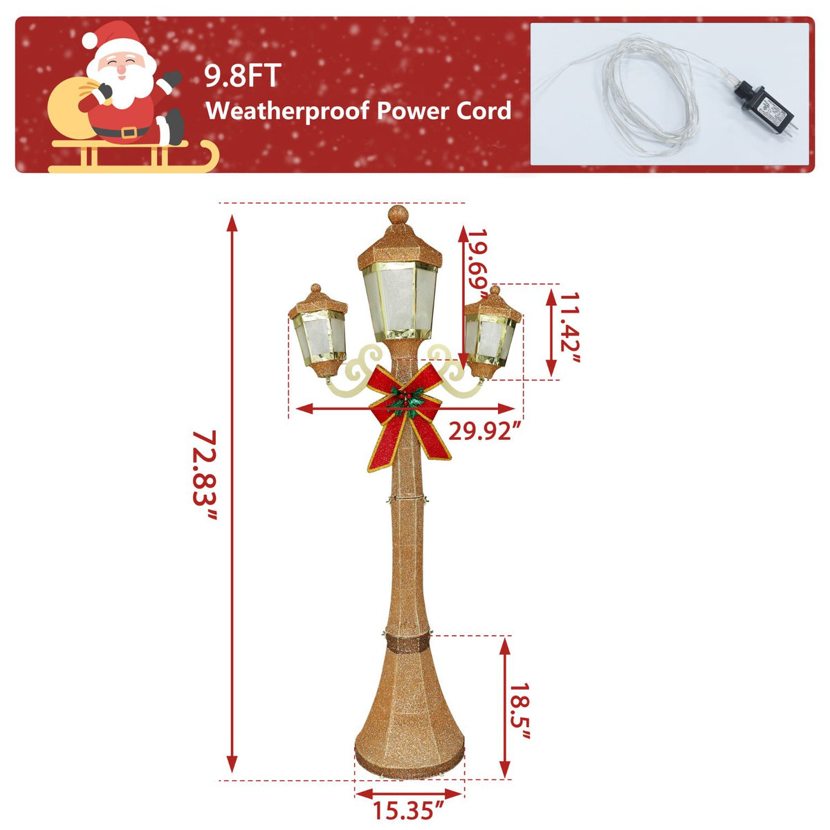 Veikous Pre-Lit Lamp Post Light, 3-Head Outdoor LED Lamp for Christmas Decoration