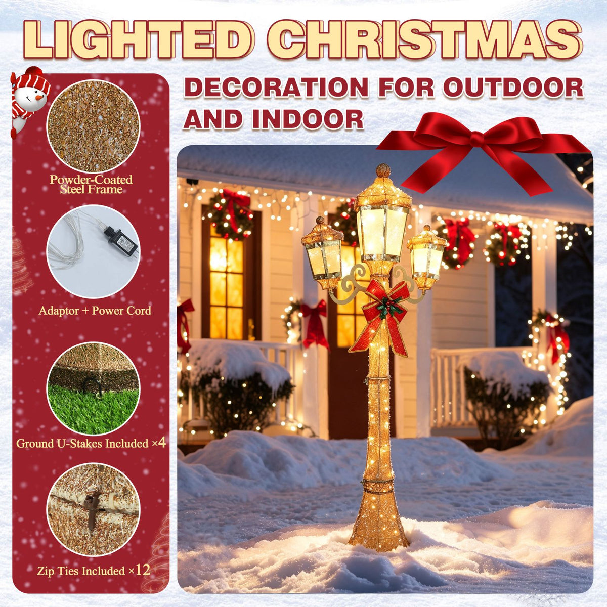 Veikous Pre-Lit Lamp Post Light, 3-Head Outdoor LED Lamp for Christmas Decoration