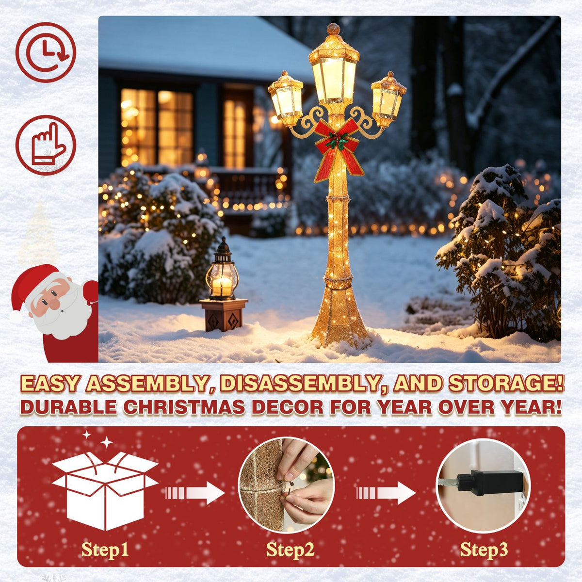 Veikous Pre-Lit Lamp Post Light, 3-Head Outdoor LED Lamp for Christmas Decoration