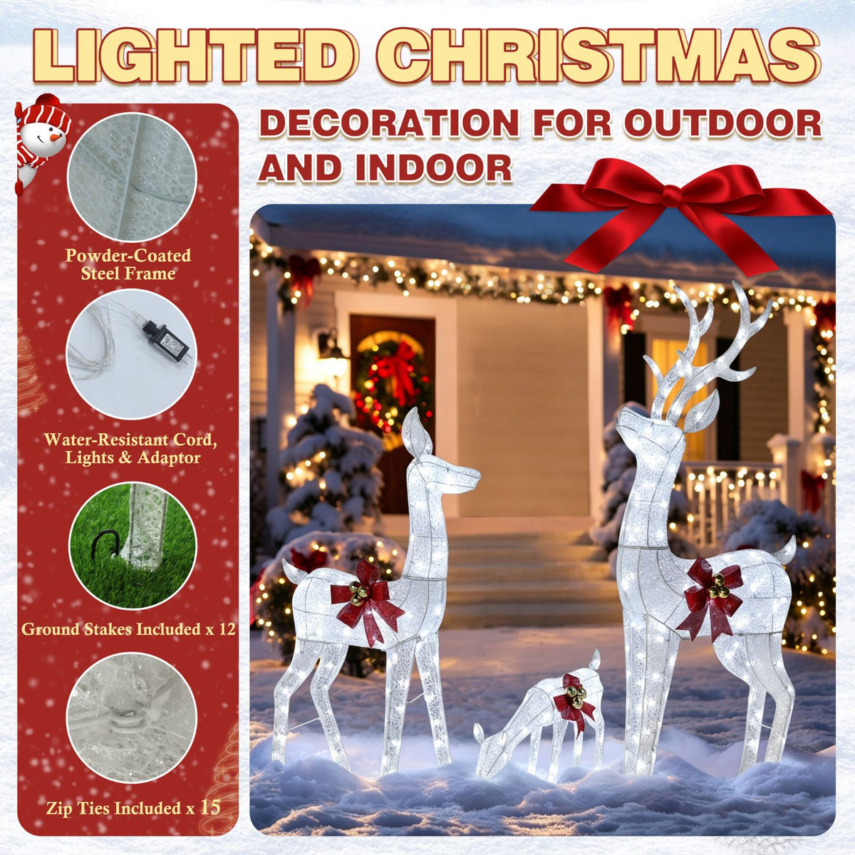 Veikous 3-Piece Animated Reindeer Family Decoration Set, Outdoor Lighted Xmas Decor