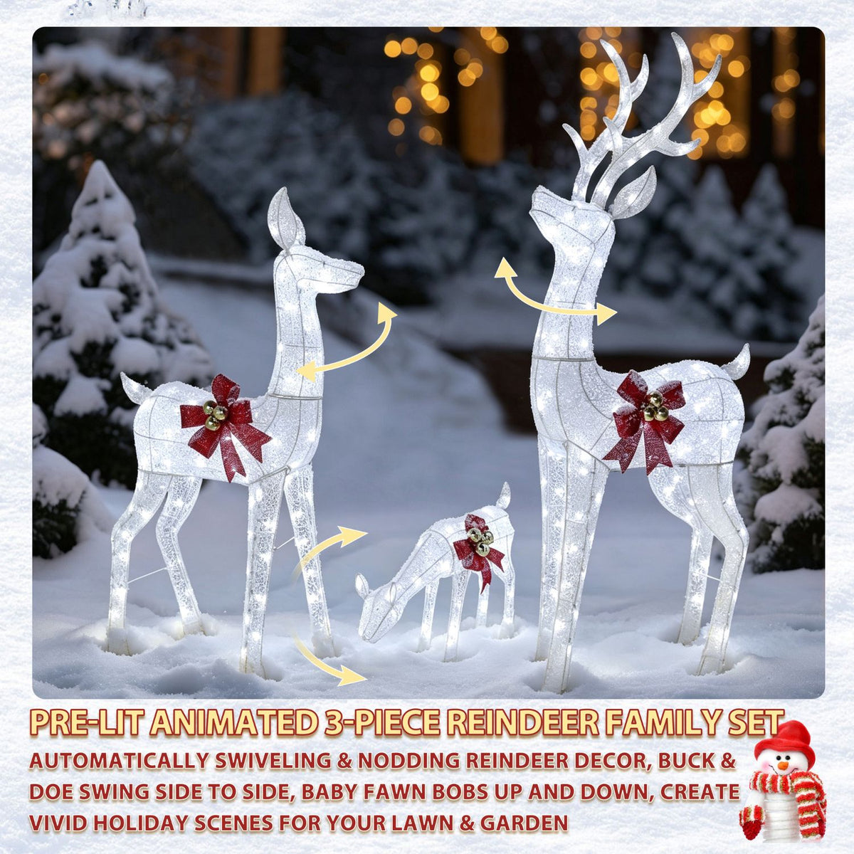 Veikous 3-Piece Animated Reindeer Family Decoration Set, Outdoor Lighted Xmas Decor