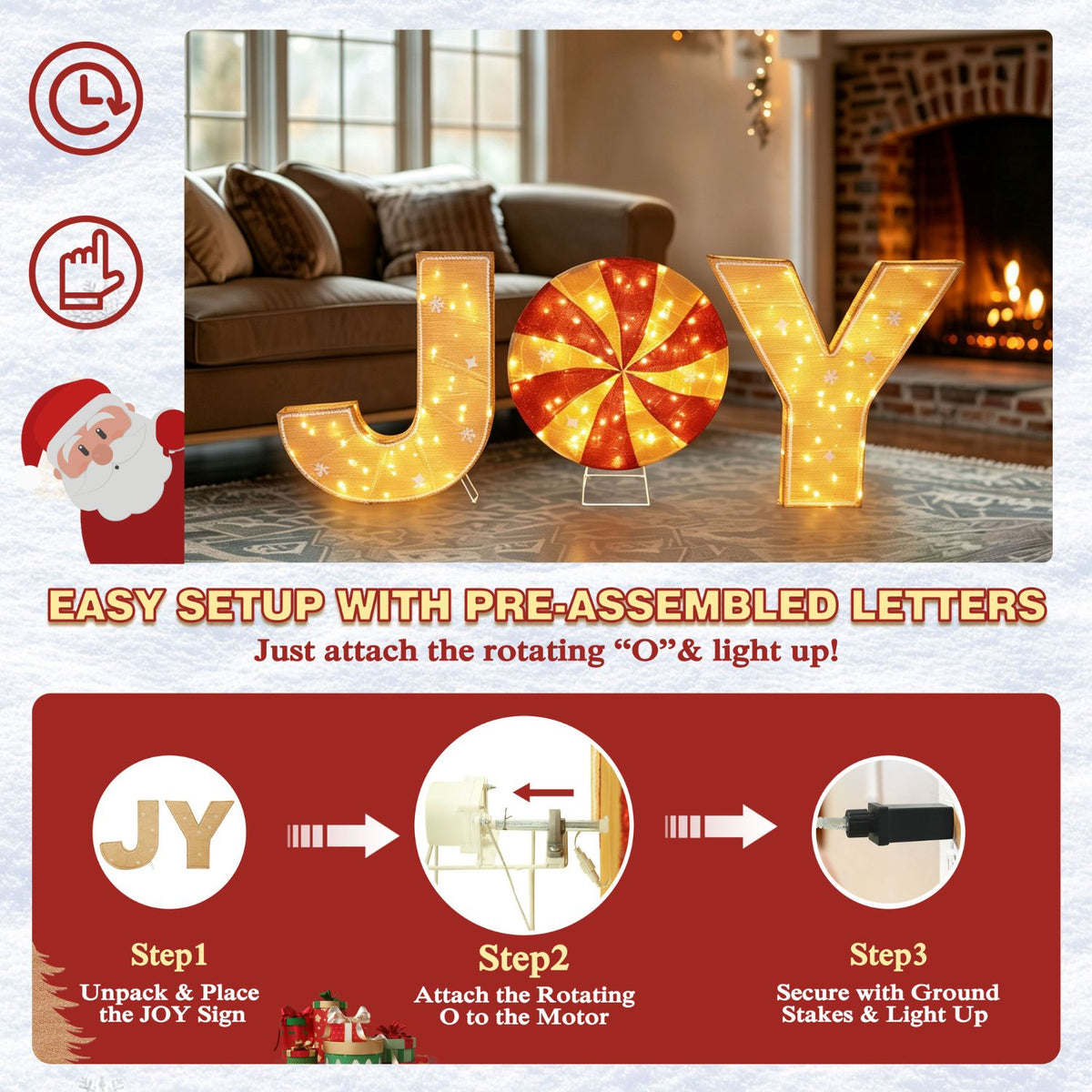 Veikous 3pcs Rotating Christmas Joy Lighted Sign, Light up 30in Holiday Joy for Yard