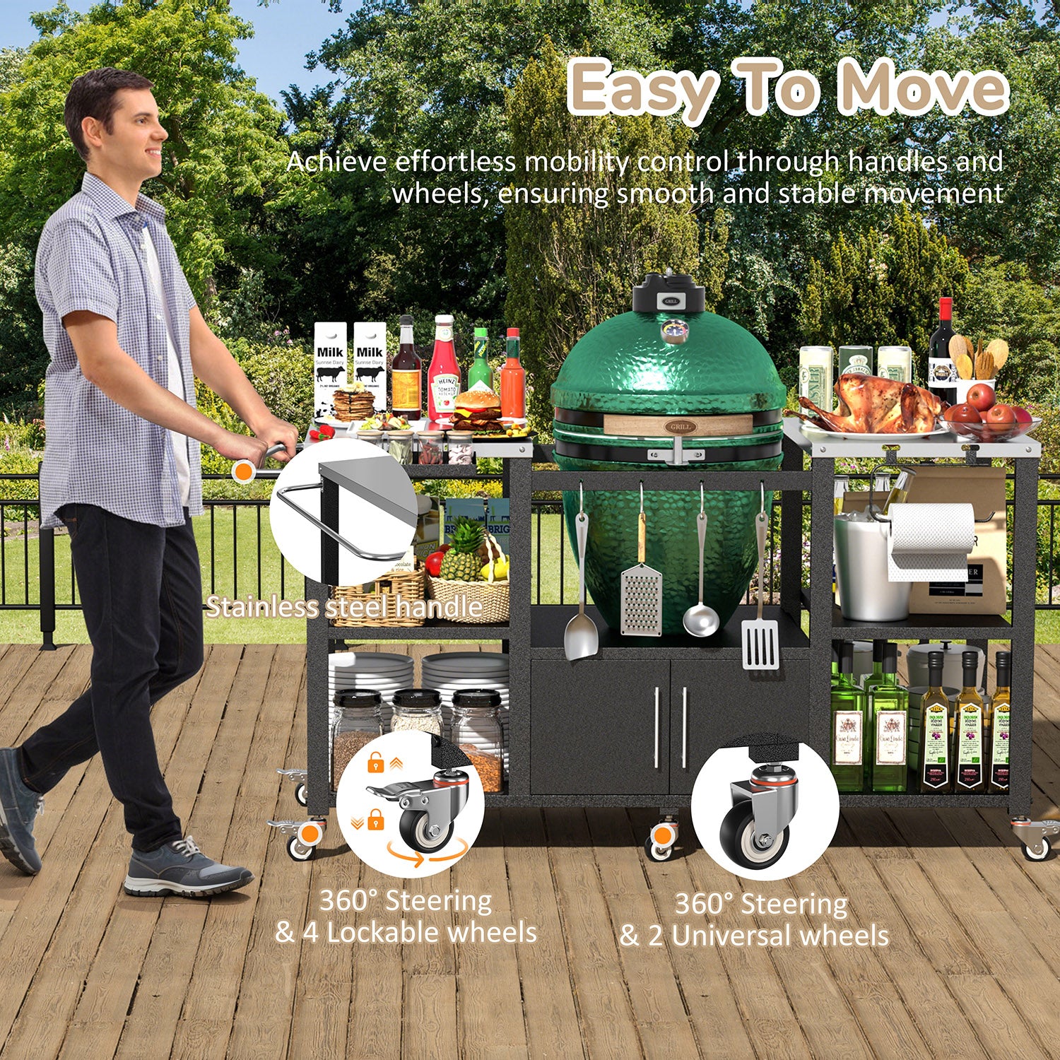 Grill Cart for Big Green Egg Stand with 3 Shelves, Wheels – Veikous