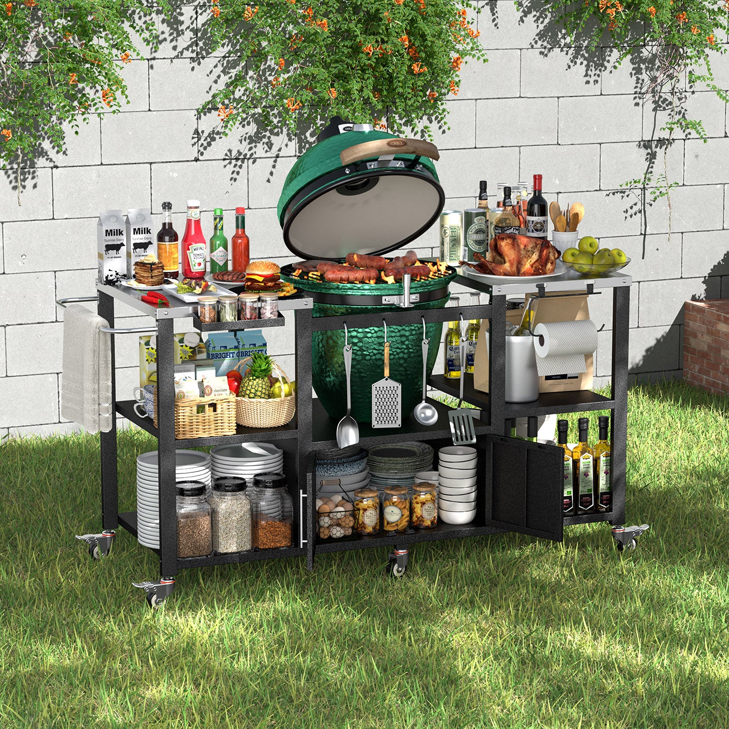 Grill Cart for Big Green Egg Stand with 3 Shelves, Wheels – Veikous