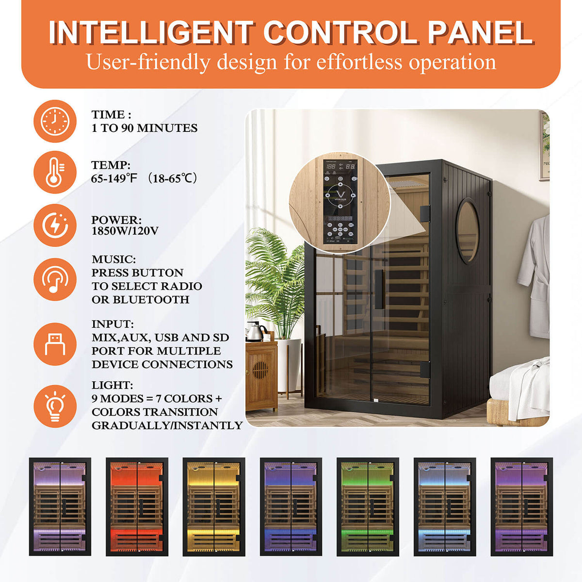 Family sauna with Bluetooth and 7 colors light
