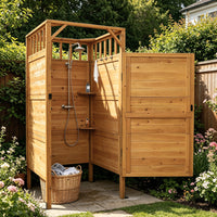 Veikous Outdoor Shower Enclosure with Lockable Door, Cedar Privacy Outside Shower Stall with Hooks & Shelves, for Backyard and Poolside