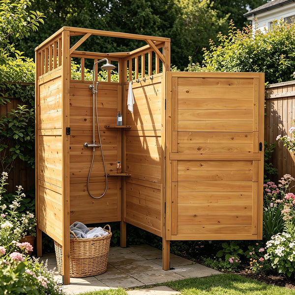 Veikous Outdoor Shower Enclosure with Lockable Door, Cedar Privacy Outside Shower Stall with Hooks & Shelves, for Backyard and Poolside