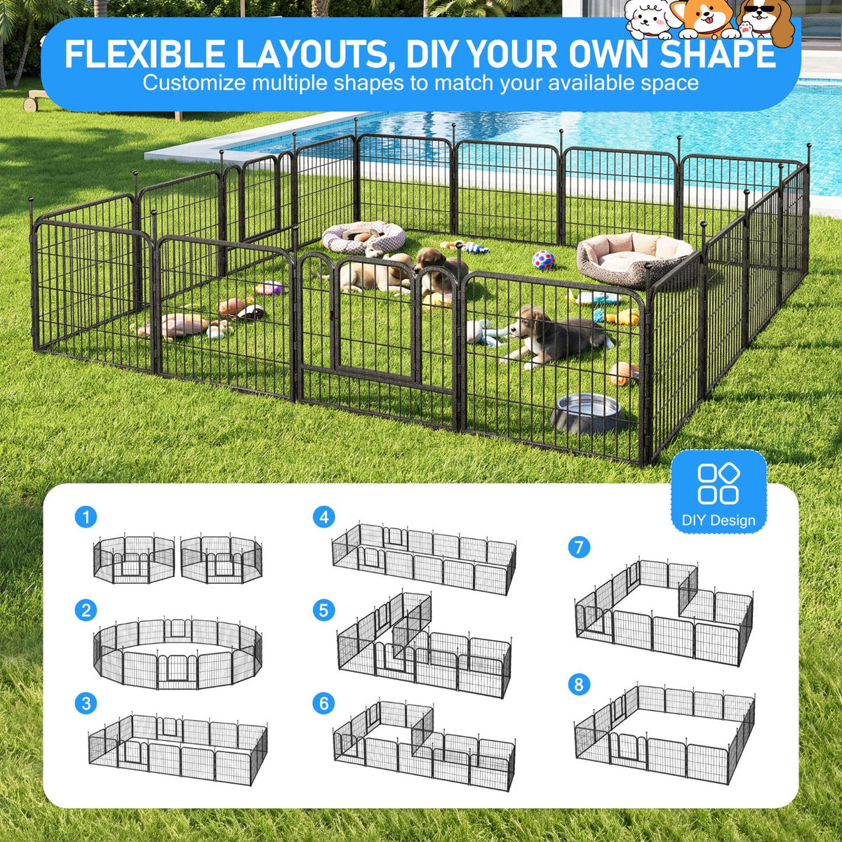 Veikous Metal Dog Playpen for Large/Medium/Small Dogs, Portable Pet Enclosure 8 Panels & 16 Panels