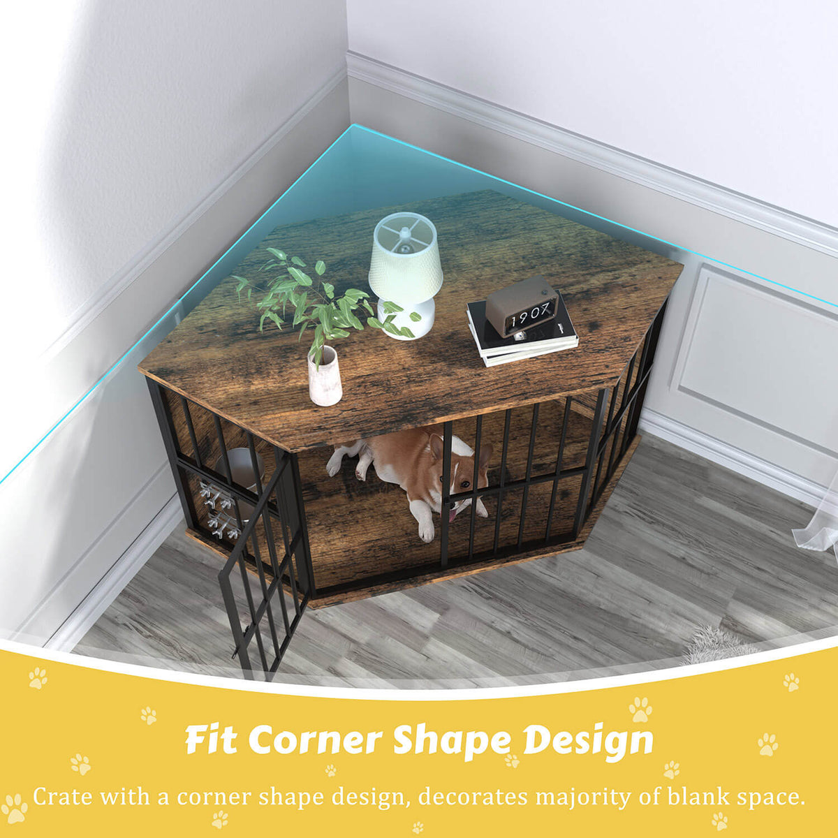 VEIKOUS Corner Dog Crate, Wood Dog Kennel with Two Bowls