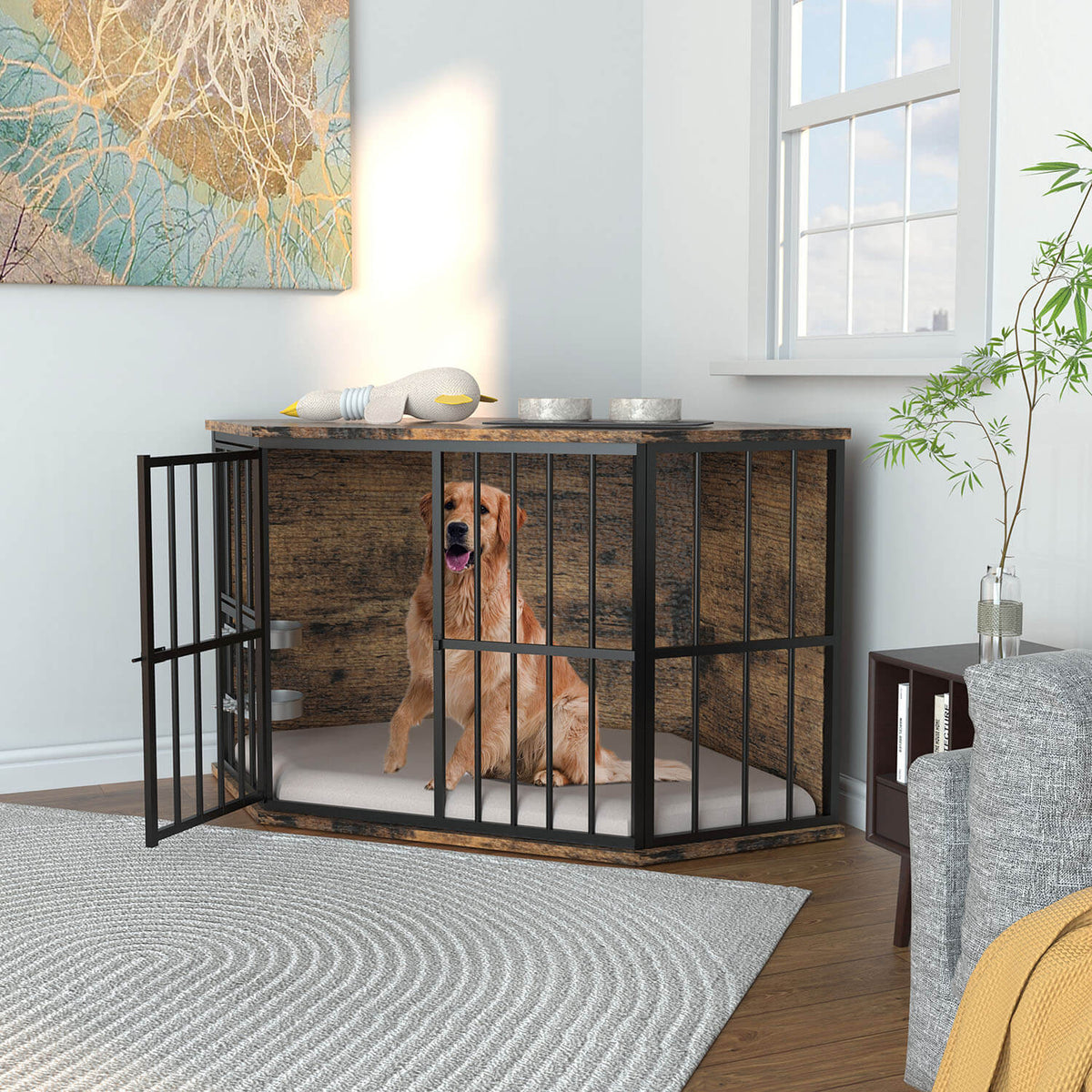 VEIKOUS Corner Dog Crate, Wood Dog Kennel with Two Bowls