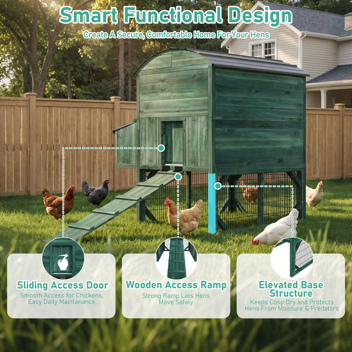 Veikous Elevated Chicken Coop, Wood Hen House With Nesting Box, Metal Roofing