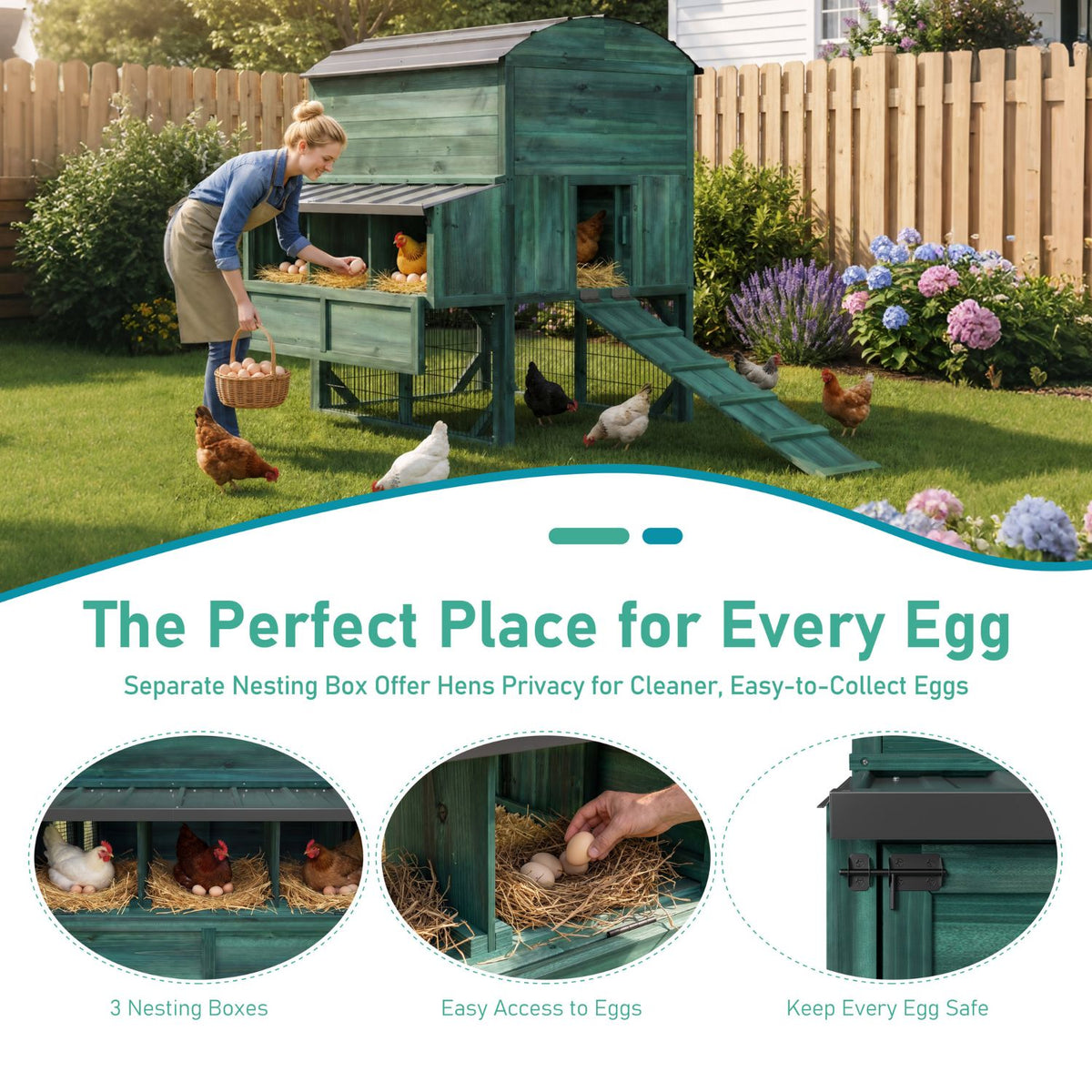 Veikous Elevated Chicken Coop, Wood Hen House With Nesting Box, Metal Roofing