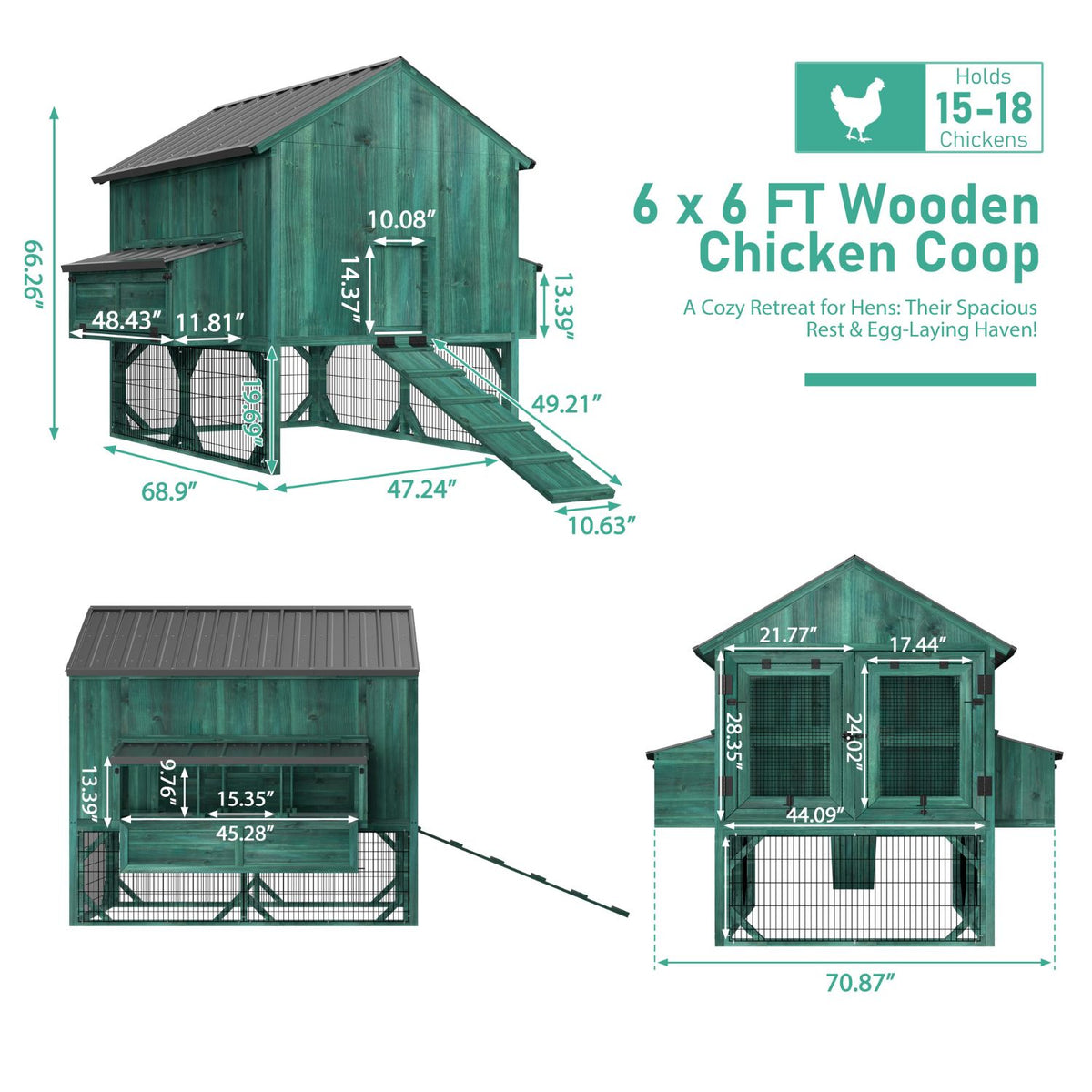 Veikous Elevated Chicken Coop, Wood Hen House With Nesting Box, Metal Roofing