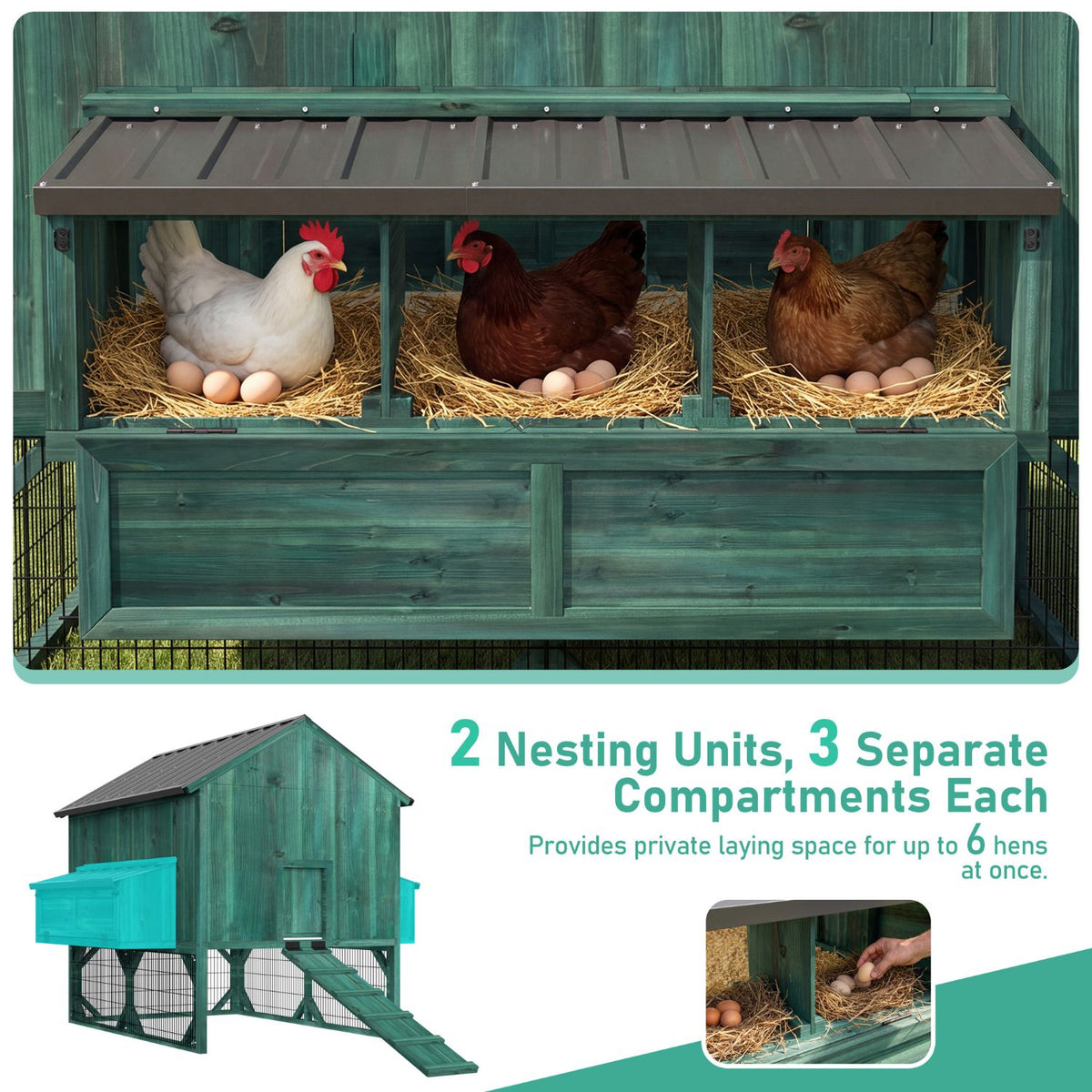 Veikous Elevated Chicken Coop, Wood Hen House With Nesting Box, Metal Roofing