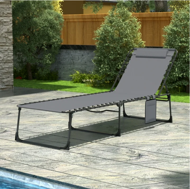 VEIKOUS Outdoor Chaise Lounge Chair for Patio 4-Fold with Detachable Pocket and Pillow, Grey W