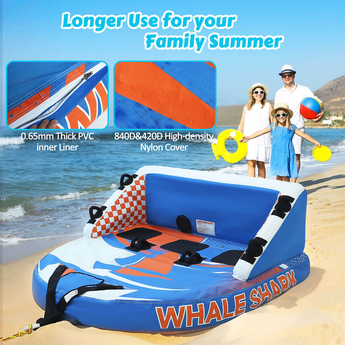 Towable tube adopts 0.65mm thick PVC lining and a high-density nylon outer layer