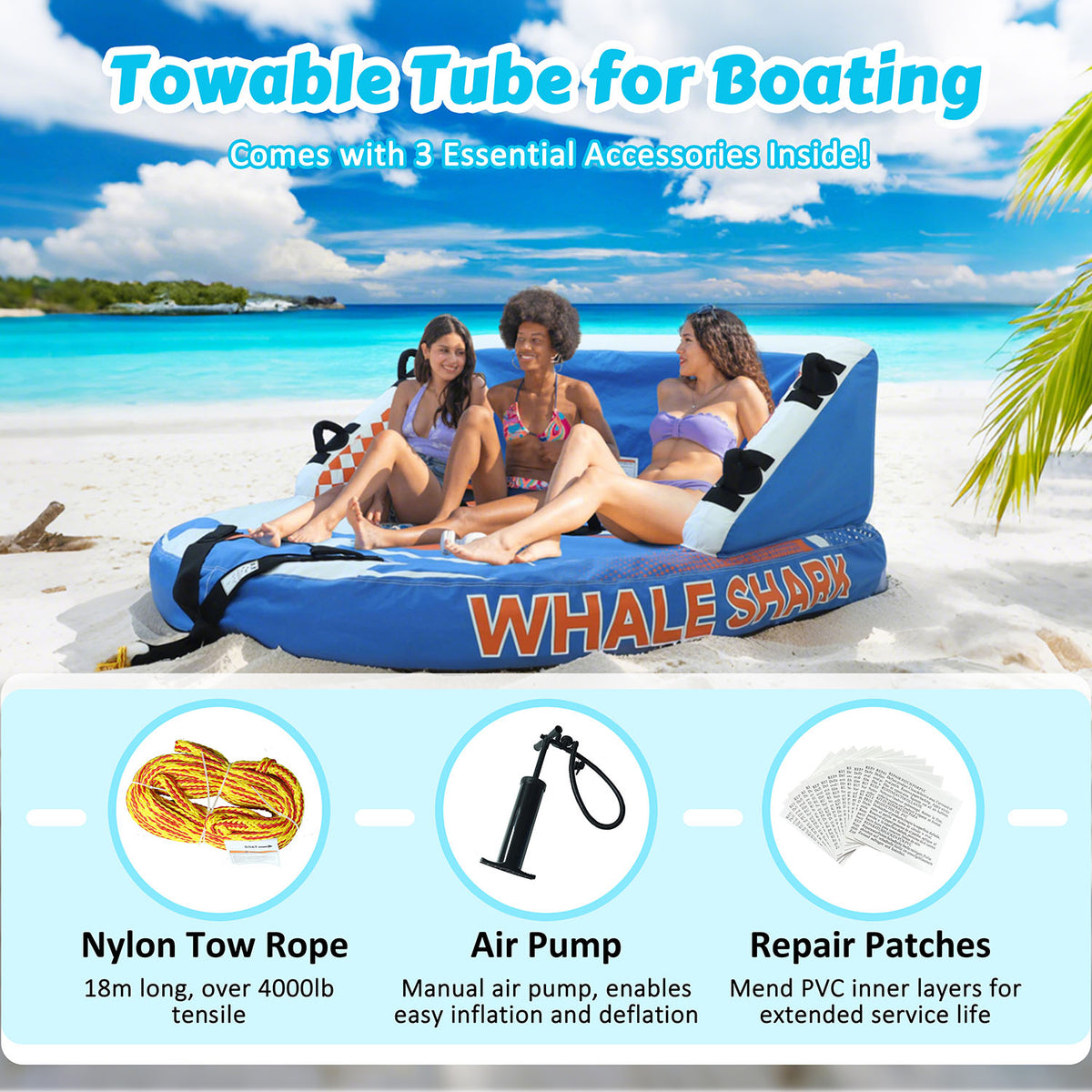 towable tube with tow rope and air pump