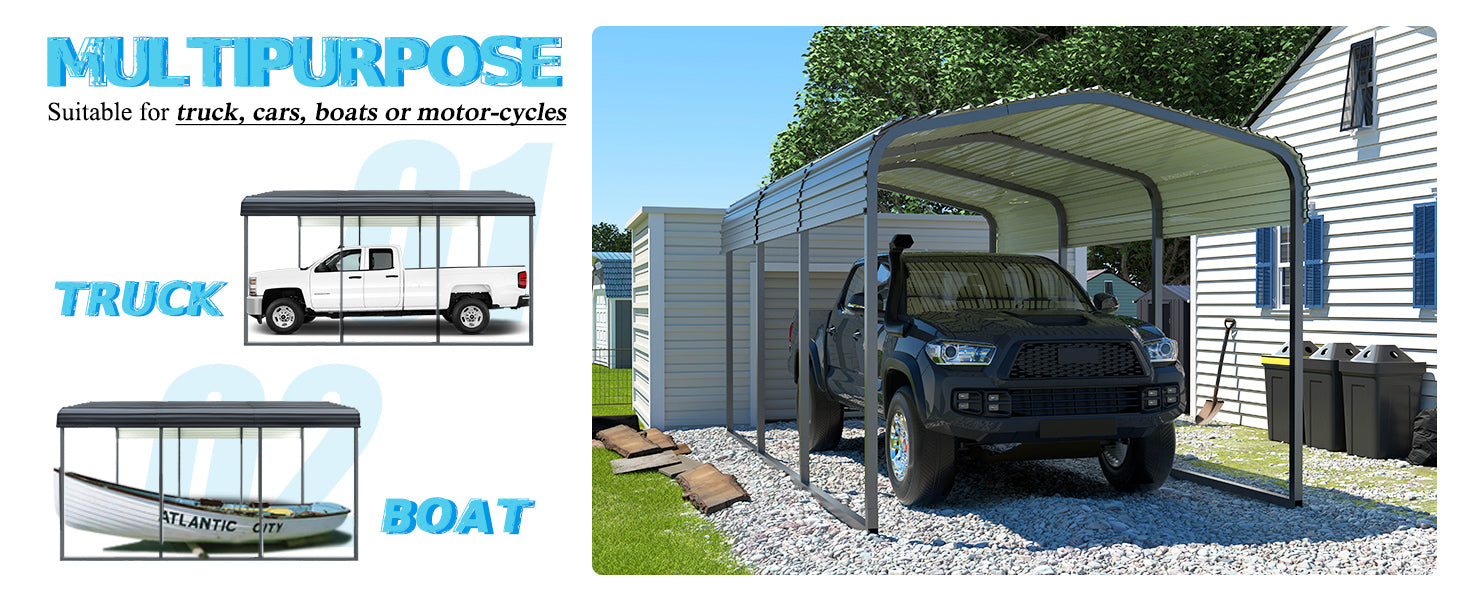 The outdoor carport is suitable for truck, cars, boats or motor-cycles.