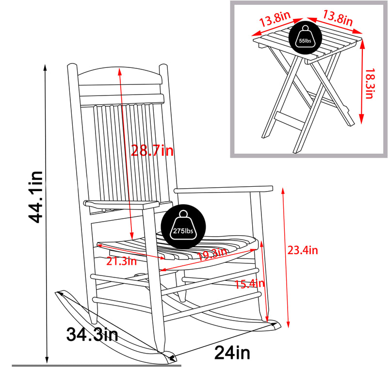 VEIKOUS Outdoor Rocking Chair Set of 2, Wooden Rocker Bistro Set with Foldable Table and Curved Seat