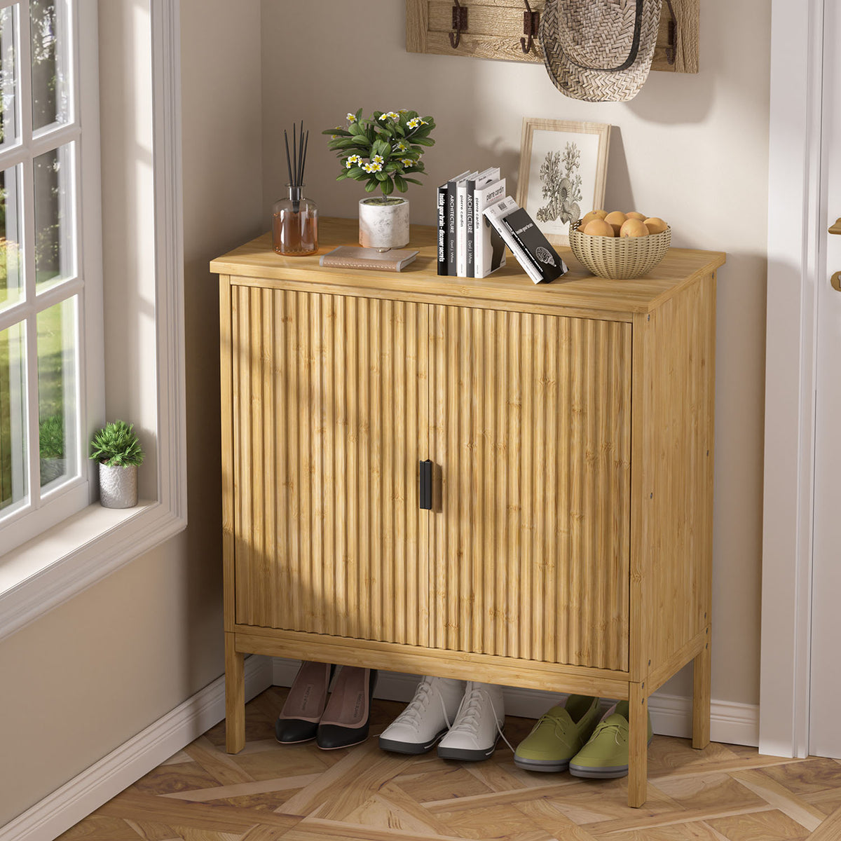 Veikous Small Buffet Cabinet, Modern Buffet Sideboard Cabinet with Fluted Doors, Bamboo Storage Cabinet for Kitchen