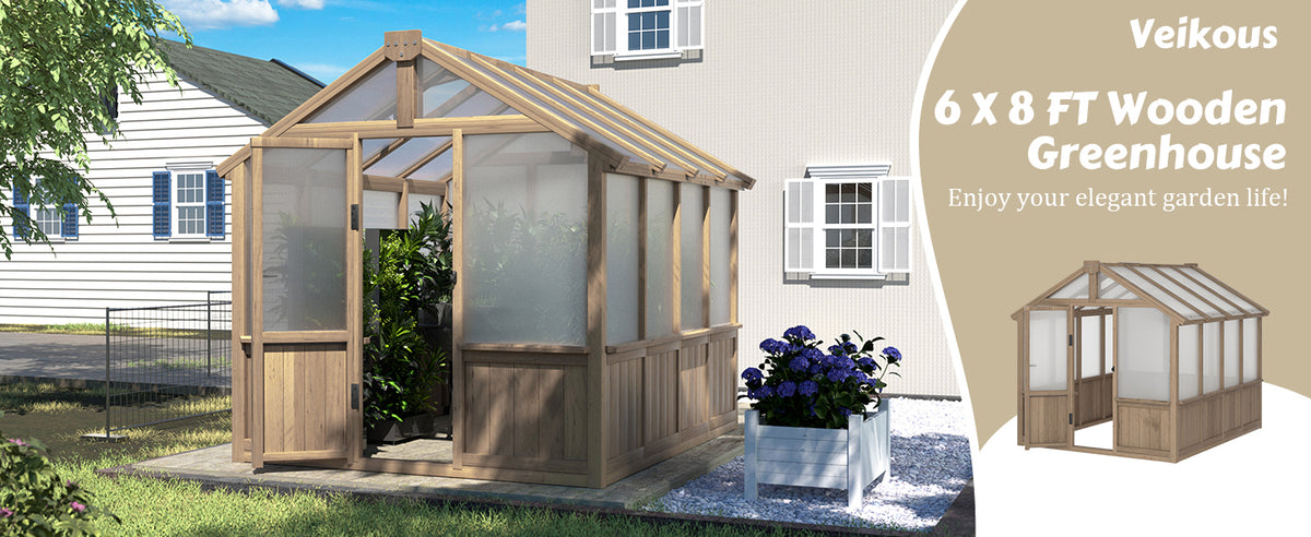 VEIKOUS 6 x 8 Wooden Greenhouse, Walk-in Cedar Greenhouse with Polycarbonate Panels & Vent Window, 6 x 12