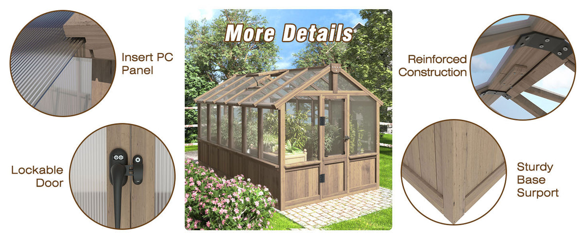 VEIKOUS 6 x 8 Wooden Greenhouse, Walk-in Cedar Greenhouse with Polycarbonate Panels & Vent Window, 6 x 12