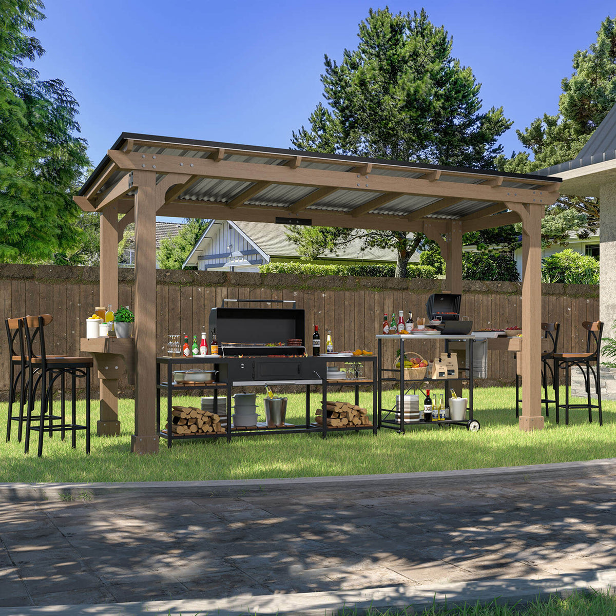 VEIKOUS Wood Grill Gazebo with Sloping Roof， 6'× 13' 