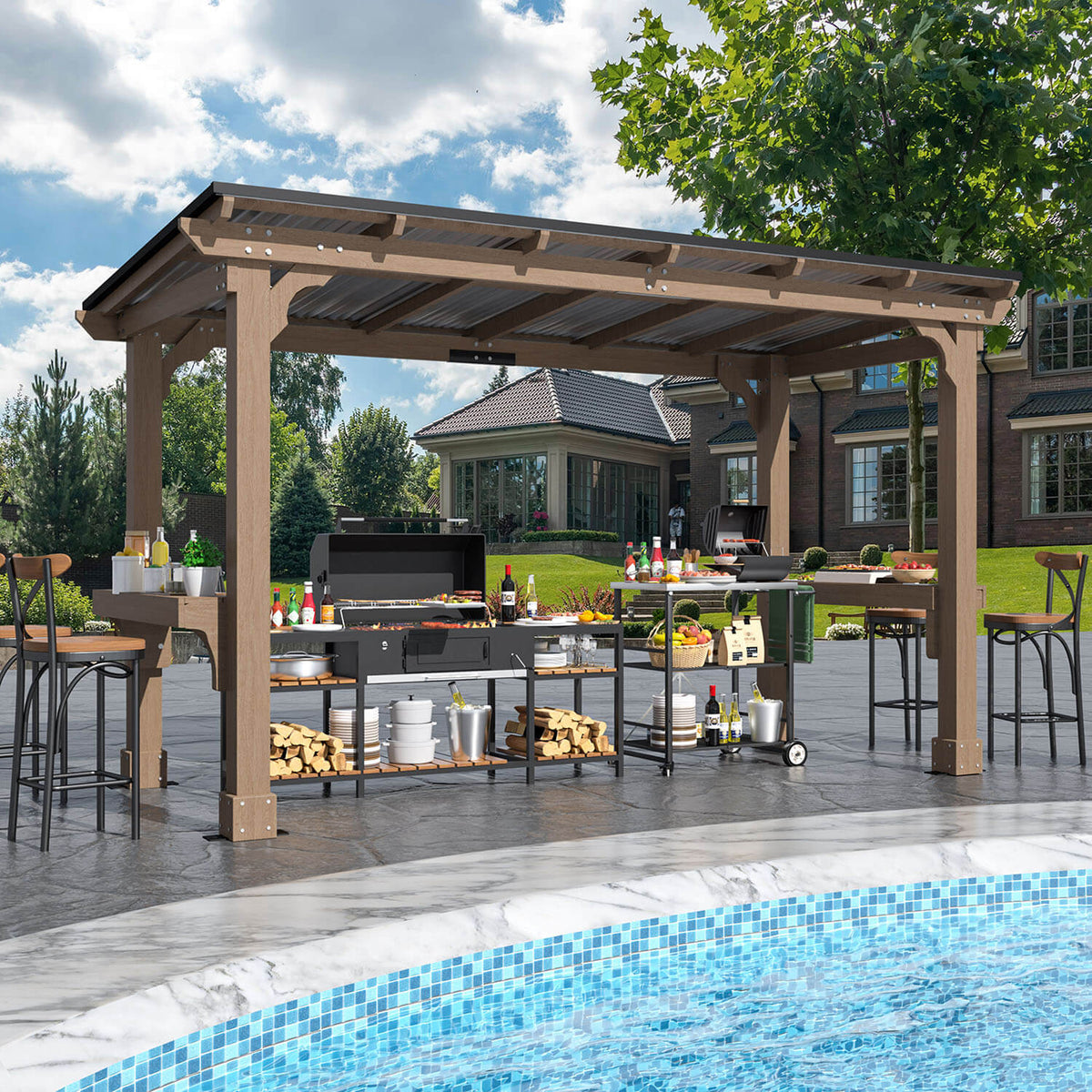 VEIKOUS Wood Grill Gazebo with Sloping Roof， 6'× 13' 