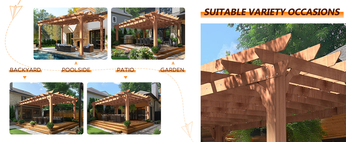 VEIKOUS Cedar Pergola for Patio, Outdoor Shade Structure with Flat Roof, 12x16, 12x20