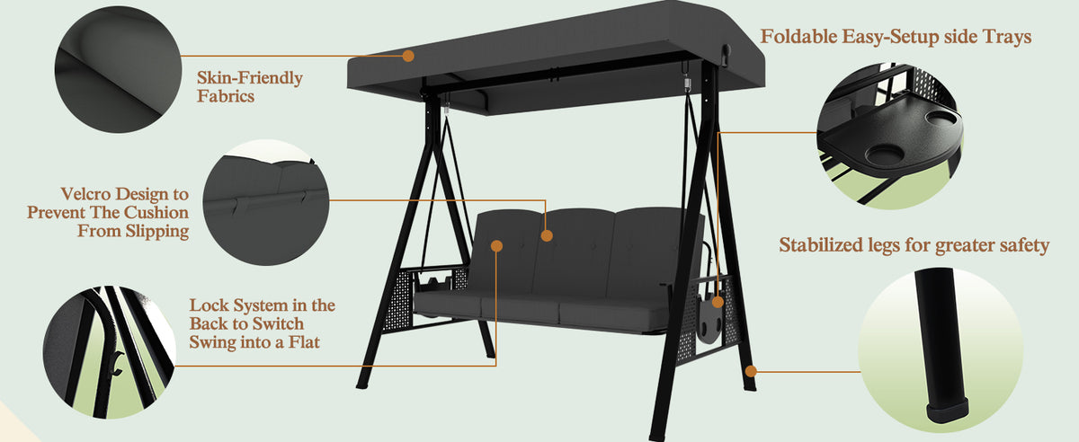 VEIKOUS Patio Swing Chair with Canopy, Swing Seat for Adults, 3-person Swing with Removable Cushion